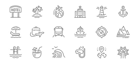 Travel set of outline icons. Journey concept. Vacation symbols or signs