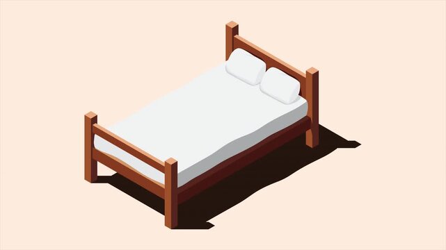 Isometric wooden bed with mattress animation. 3D isometric bed. Wooden bed frame with mattress and pillow. Isometric bedroom furniture. 4K video animated in isometric style