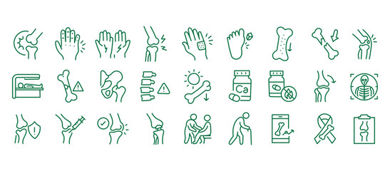 Medical line icon set. Vector pictograms of arthritis, osteoporosis, pain, injury, inflammation, injection, diagnosis, prevention, healthcare, calcium supplement, skeleton, thin linear illustration.