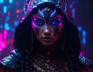 A hooded woman with glowing blue eyes & intricate face markings stands before a blurred colorful bokeh light backdrop