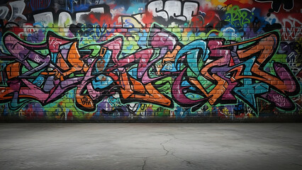 Fototapeta premium Colorful graffiti artwork on urban concrete wall in indoor industrial setting, vibrant street art mural from front viewpoint showcasing urban culture