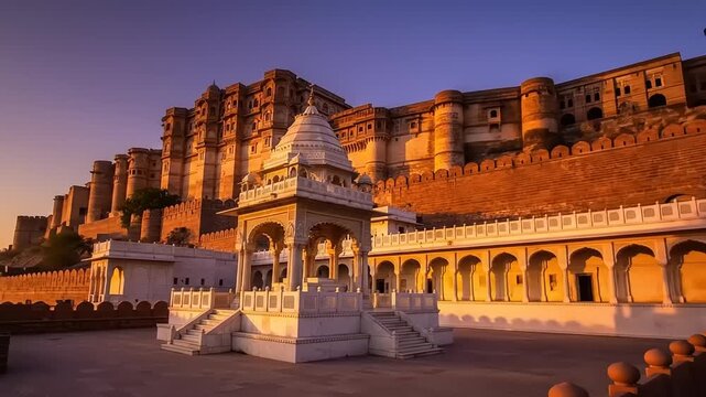 Majestic Mehrangarh Fort with Jodhpur at Sunset Royal Indian Architecture.