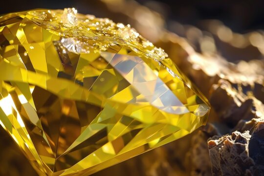 Sparkling yellow diamond resting on dark rock, showcasing brilliance, facets, and light refraction - Powered by Adobe