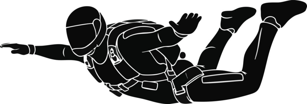 Black silhouette of a skydiver in freefall, arms and legs spread, against a white background, depicting extreme sports and adventure.