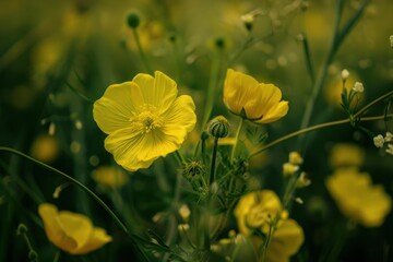 Close up of vibrant yellow buttercup flowers growing in a meadow, capturing the beauty of springtime nature