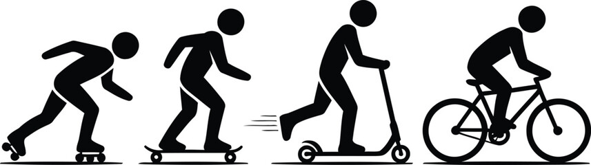 Four black silhouettes showing different personal transportation methods from rollerblading to bicycling