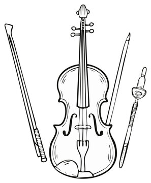 Line drawing of a violin with two bows and chinrest
