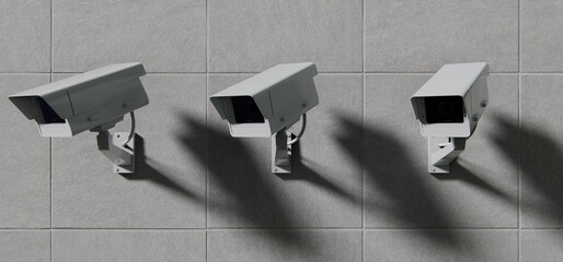 Three security cameras, surveillance mounted on wall, total control background