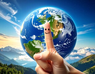 A human finger with smiley face against a blue earth globe, against bright sky and mountainous, forested background