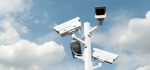 Street surveillance, security cameras on pole, total control concept background