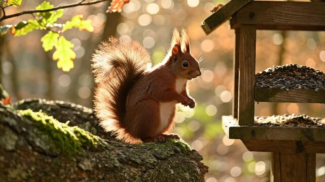 Red Squirrel on a Mossy Branch Eating Seeds from a Wooden Bird Feeder Outdoors in Sunlight with Bokeh