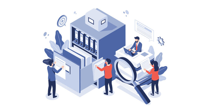 Office workers organizing documents in a large filing cabinet and conducting research with a magnifying glass for data management.
