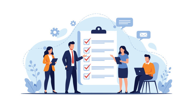 Professional team collaborating around a giant clipboard with a checklist to manage project tasks and ensure corporate compliance.