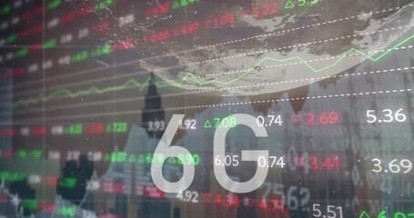 Animation of 6g text, globe, cityscape and financial data processing - Powered by Adobe