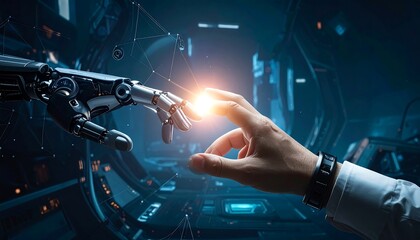 A human hand and a robotic arm touch with glowing light in a futuristic blue and dark environment