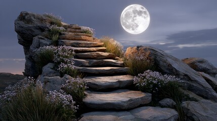 Stone staircase surrounded by blooming flowers leads up to a bright full moon in a serene night sky, creating a mystical and enchanting atmosphere for exploration and reflection