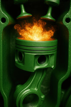 Green engine piston technology innovation detail with hot flame explosion power in combustion chamber showing industrial energy concept closeup metal machinery part design