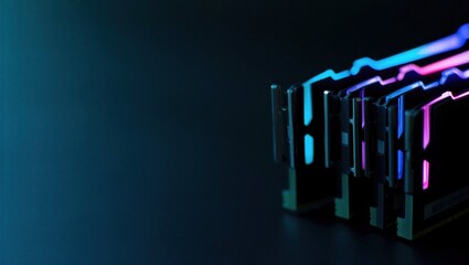 Close-up view of RAM memory modules featuring vibrant RGB lighting against a dark background. Technology and gaming concept.