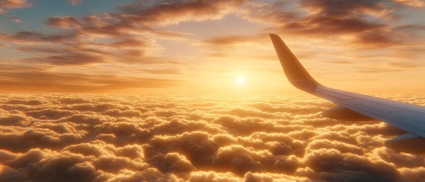Captivating sunrise above the clouds viewed from airplane wing nature scene serene sky environment - Powered by Adobe