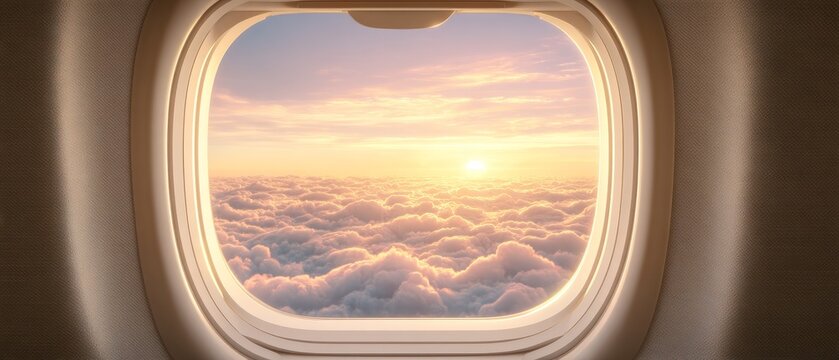 Sunrise above the clouds aerial view from airplane window nature landscape tranquil environment - Powered by Adobe