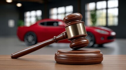 Wooden gavel resting on a polished surface, with a blurred red sports car in the background, symbolizing justice and the automotive industry connection in a modern setting