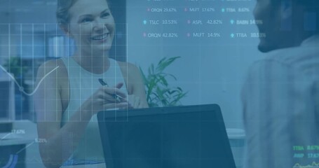 Animation of financial data processing over diverse colleagues discussing work in office - Powered by Adobe