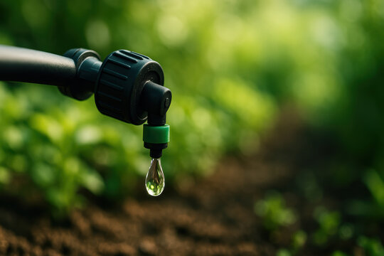 Drip irrigation water drop garden hose soil sustainable farming green technology irrigation system agriculture closeup eco friendly irrigation drip irrigation nozzle garden, water drop hanging