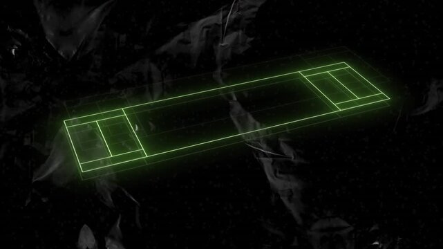 Neon green tennis court animation over dark abstract background