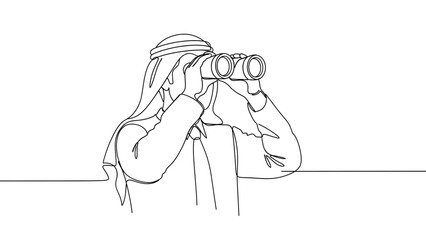 Fototapeta premium Woman looking through binoculars in minimalist line art style with white background for adventure