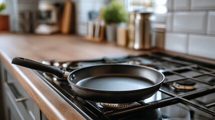 Black frying pan placed on a modern gas stove in a stylish kitchen, featuring wooden countertops, contemporary appliances, and a cozy atmosphere for culinary creativity and home cooking