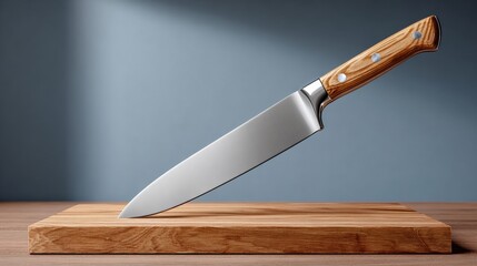 Sharp kitchen knife with wooden handle resting on a polished wooden cutting board, illuminated by soft light, showcasing culinary tools and kitchen ambiance for food preparation