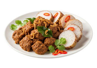 fried meatballs with sliced sausage, cilantro garnish on white plate