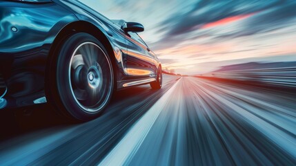 A modern transportation concept showing a sleek vehicle in motion on an open road.