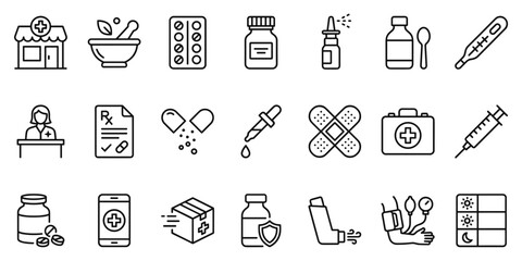 Pharmacy and medical line icons including pharmacist, pills, syrup, thermometer, and syringe in minimal outline style for healthcare and drugstore branding