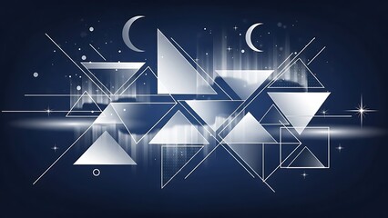 Glowing white geometric shapes with triangles and lines on a dark blue background with crescent moons and stars with abstract and digital illustration