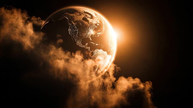 An orange glowing of the earth that shows the world wrapped by clouds. A bright light emerges from the edge of it