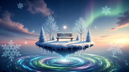 A serene winter wonderland scene featuring a solitary bench on a floating snow covered island surrounded by swirling colorful lights and snowflakes in a tranquil aurora