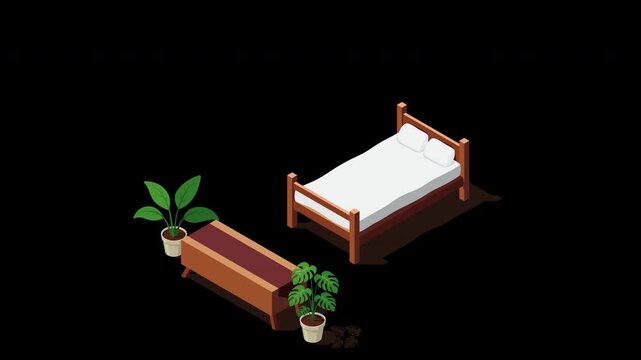 Isometric bedroom animation. Bedroom interior. Bed, lamps, TV, and other bedroom equipment. Isometric home furniture. Isometric home room. Transparent background with alpha channel
