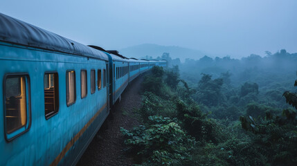 A passenger train moving through mountains and green landscape, early morning light, mist, peaceful travel atmosphere, realistic details, wide angle view.
