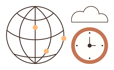 Global connectivity, time management, cloud computing, communication, digital networks, technology. Globe with latitude lines, clock and cloud outline. Global connectivity and time management