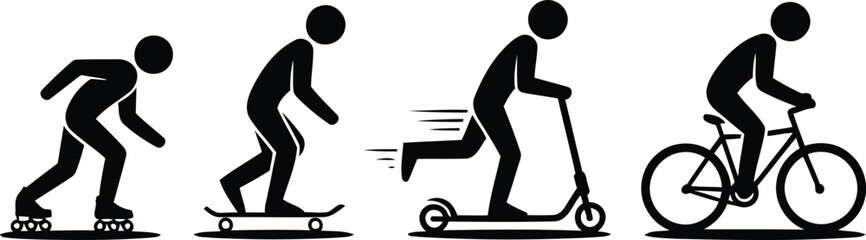 Silhouettes of people enjoying various wheeled personal transportation methods like roller skates, skateboard, scooter, and bicycle