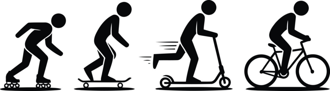 Silhouettes of people enjoying various wheeled personal transportation methods like roller skates, skateboard, scooter, and bicycle