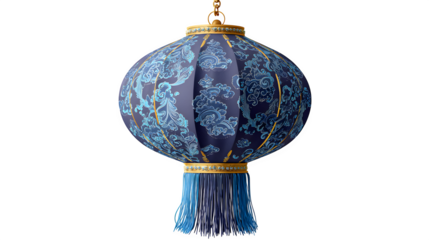 A festive blue glass Christmas ball ornament hangs as a beautiful holiday decoration on an isolated tree branch with gold and silver accents, creating a glowing xmas light celebration