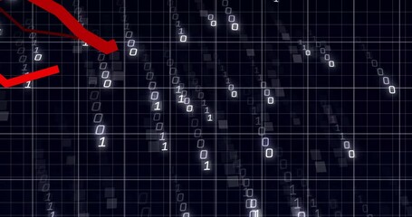 Binary digits cascading down grid starting red line graph dipping then rising, visualizing trend - Powered by Adobe