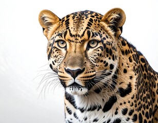 Obraz premium A close-up portrait of a spotted leopard's face, its amber eyes gazing directly. High-key, natural light