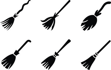 Various stylized black witch brooms for spooky season celebrations and holiday party invitations