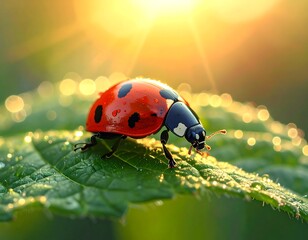 A ladybug with dew sits on a green leaf as the sun shines bright behind it