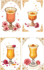 A vector illustration of a delicate glass filled with traditional Indian Thandai, adorned with dried rose petals and a sprinkle of vibrant yellow saffron threads on top, against a subtle creamy backgr