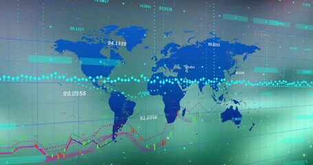 On load blue world map animating bars shifting axis and trend lines pulsing labels showing trends - Powered by Adobe