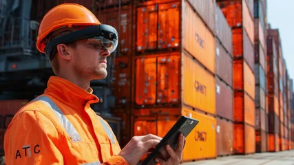 A focused worker in an orange safety jacket utilizes smart glasses and a tablet to oversee operations at a busy shipping yard, surrounded by towering containers and logistics equipment. - Powered by Adobe